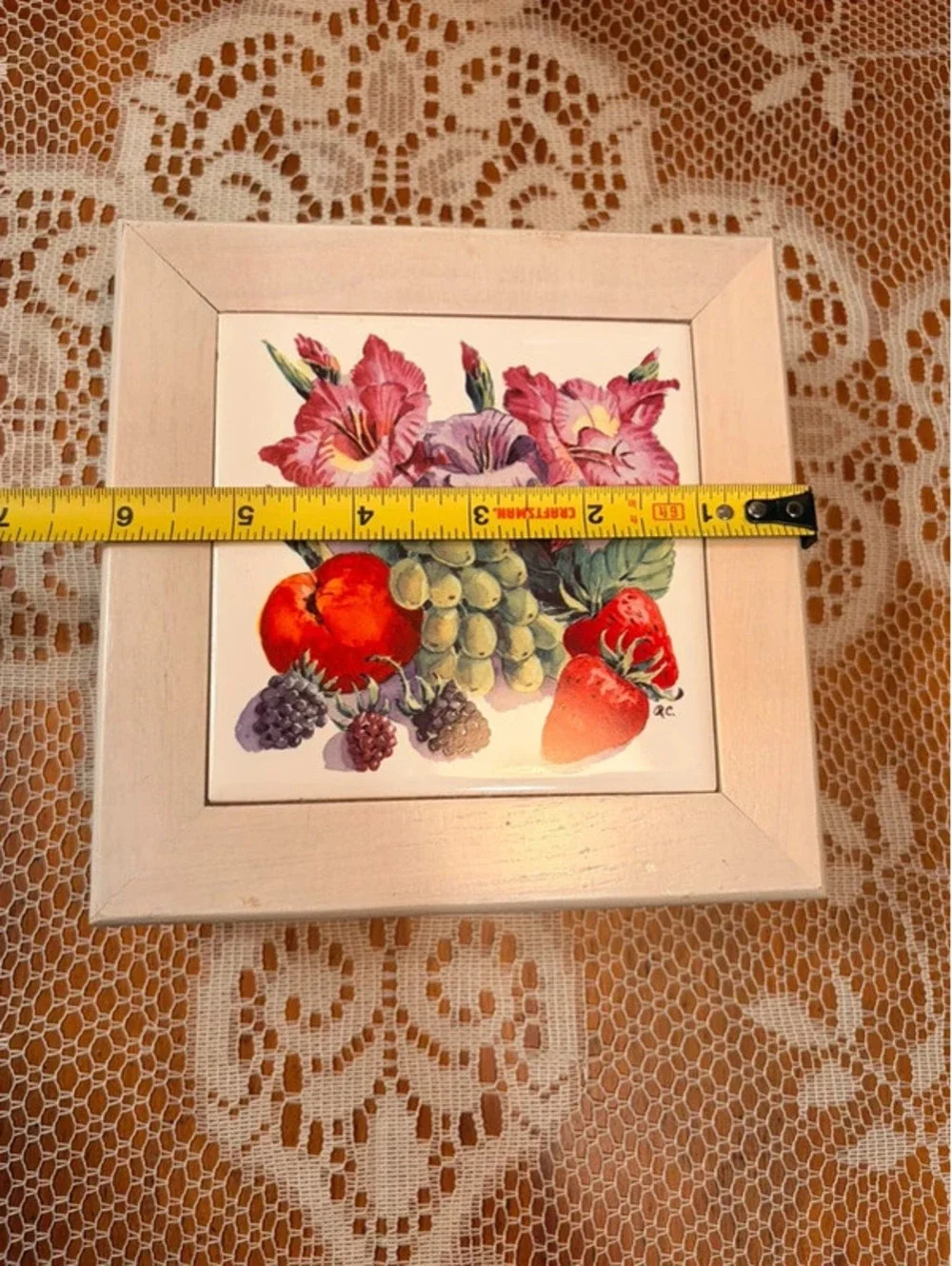 Floral Fruit Tile Wood Jewelry Box Pink Lined Cottage Decor